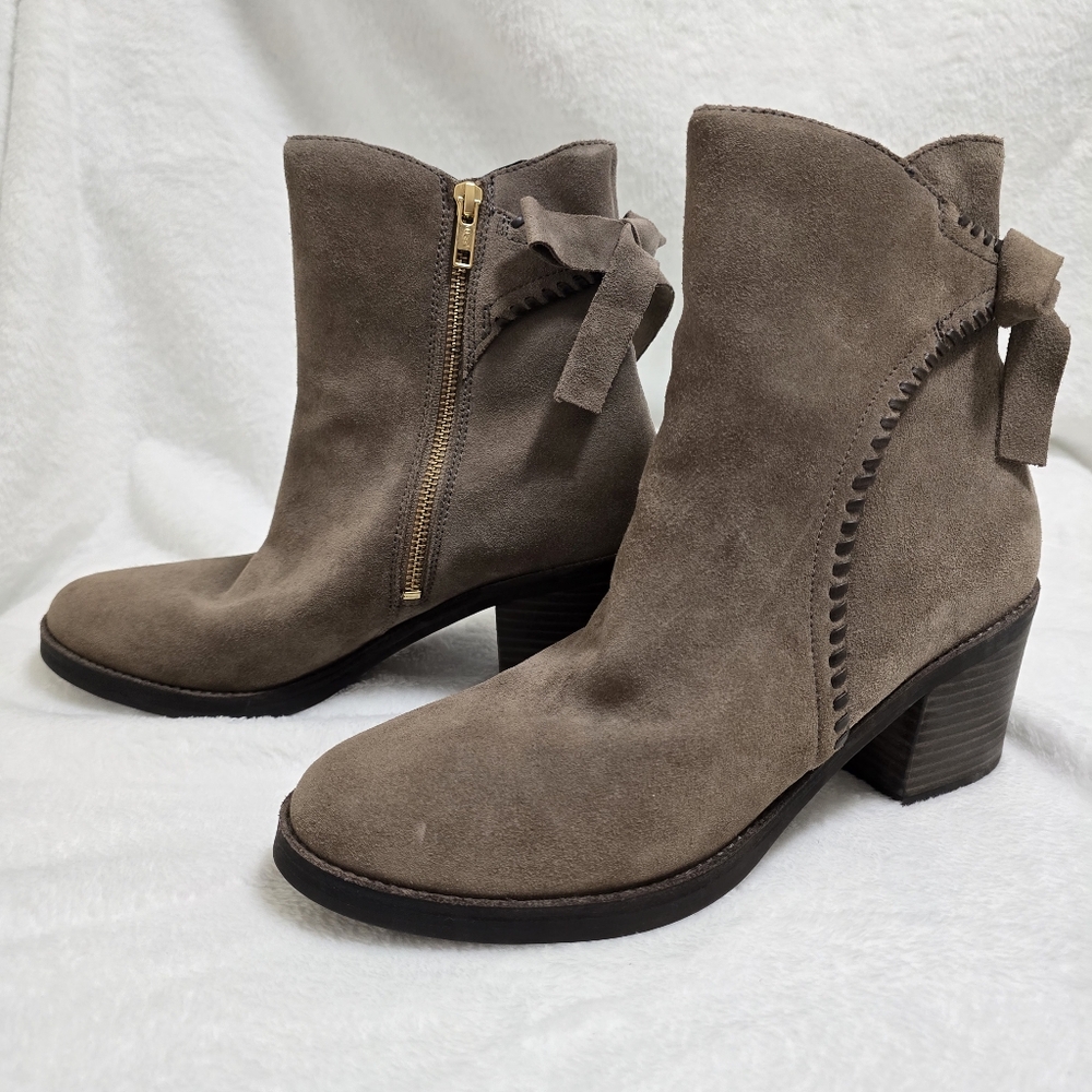 UGG Fraise Whipstitch Suede Ankle Boots Taupe Mouse Grey Bow Block Heel Sz 11